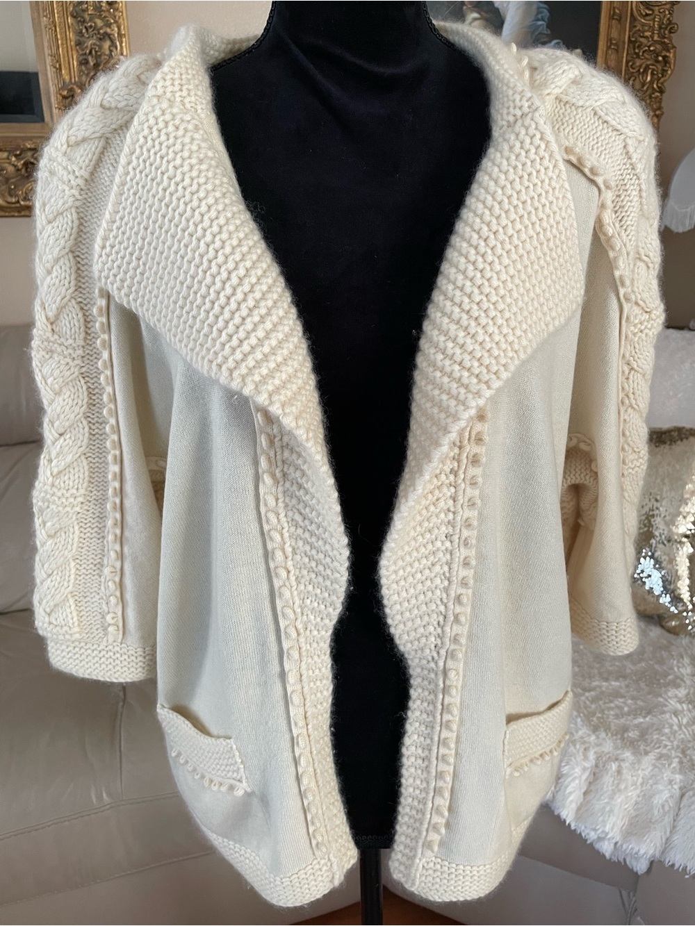 Auth.CHANEL Cream Cable Knit Cardigan Sweater Bolero Loose Fit 38